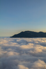 Obraz premium Amazing morning view over the beautiful Lake Lucerne. Epic sunset in the heart of Switzerland. Wonderful scenery with the majestic fog and the swiss alps in the background.