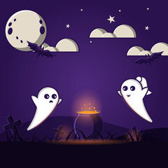 Illustration of vector graphic haloween background banner. Haloween party sign vector cover illustration. Cute scary ghost. EPS10 format.