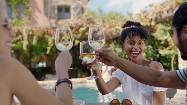 beautiful african american woman drinking wine making toast with friends celebrating on vacation at holiday villa enjoying group of people relaxing outdoors on sunny day 4k