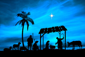 Szopka bożonarodzeniowa, święta rodzina i pasterze. - obrazy, fototapety, plakaty