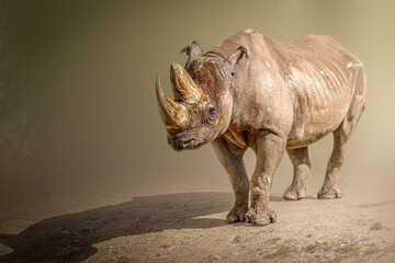 Fototapeta premium Black Rhinoceros Standing In Open Savannah Light For A Majestic Wildlife Portrait And Background