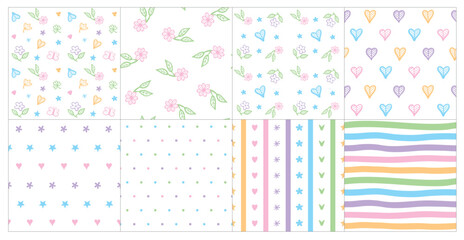 Eight colorful pastel vector seamless patterns featuring flowers, stars, hearts, leaves, butterflies, dots, and stripes