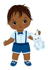 Little African American Baby Boy Holding Bunny Toy. Vector Cute Baby Boy