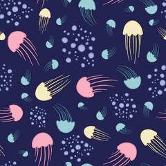 Cute pastel jellyfish seamless repeat pattern dark ocean background. Vector illustration. Great for kids and home decor projects. Surface pattern design.