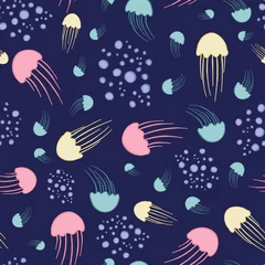 Zelfklevend Fotobehang Cute pastel jellyfish seamless repeat pattern dark ocean background. Vector illustration. Great for kids and home decor projects. Surface pattern design. © Claudia