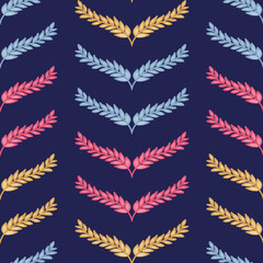 Chevron seamless repeat pattern dark background with pink, sky blue and yellow laurel leaves. Vector illustration. Great for kids and home decor projects. Surface pattern design.