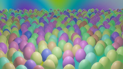 Many colored painted Easter eggs on plane, 3D rendering