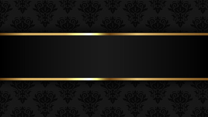 Luxury background. Black damask background with gold frame. Blank vip background, vector illustration.	