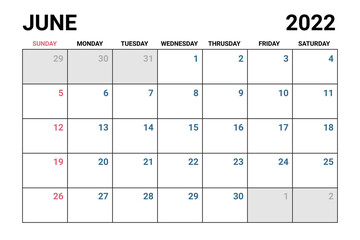 2022 June Calendar Vector.