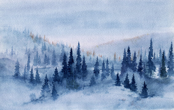 The taiga is in a fog. Mountain spruce forest of blue color painted in watercolor. Mountain landscape in blue tones.
