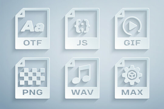 Set WAV file document, GIF, PNG, MAX, JS and OTF icon. Vector