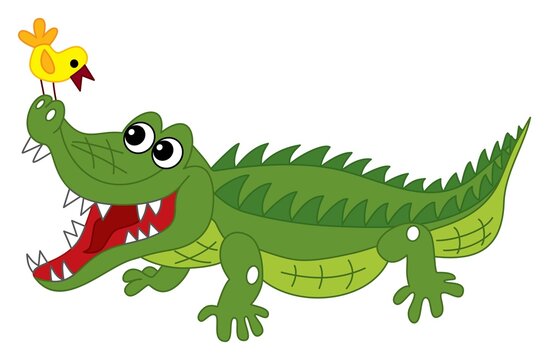 Vector Cute Cartoon Crocodile with the Bird