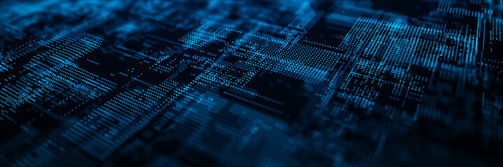 Digital background with moving glowing particles. Futuristic hi-tech illustration. Concept of data transfer in cyberspace. Big data visualization. 3d rendering.