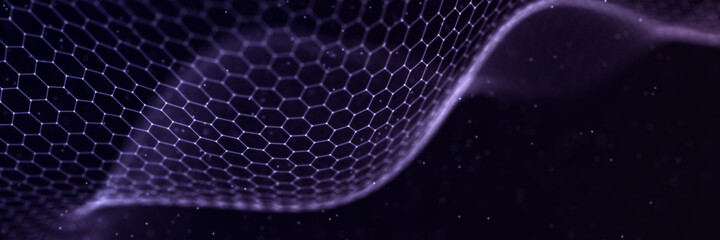 Abstract hexagon wave with moving dots. Flow of particles. Cyber technology illustration. 3d rendering