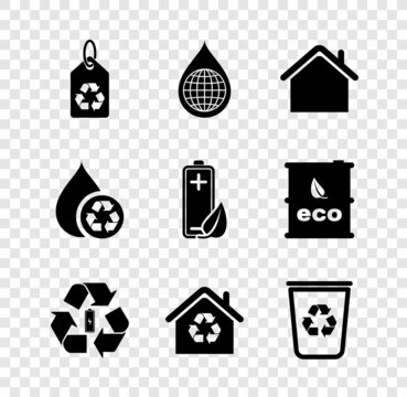 Set Tag with recycle, Earth planet in water drop, House, Battery, Eco recycling, Recycle bin, clean aqua and nature leaf and battery icon. Vector
