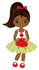 Fototapeta premium Beautiful Cute African American Girl Holding Bouquet of Red Poppies. Vector Black Girl with Poppies