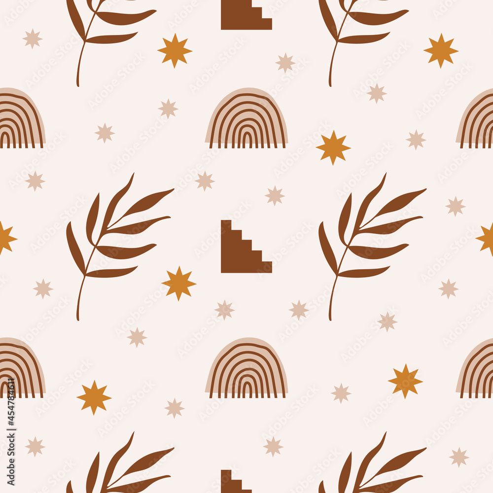 Aufkleber modern abstract aesthetic seamless pattern with geometric architecture elements, plants, stars and r