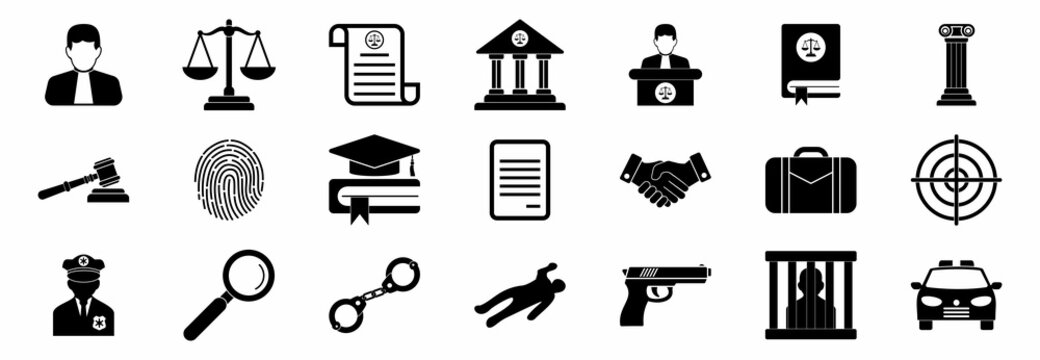 justice and investigations icon set, justice and investigations, crime, law vector symbol illustrations