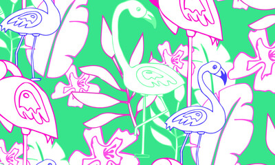 Seamless pattern, background with flamingo and tropical plants on bllue sea background. Hand drawn colorful vector illustration without transparent and gradients.