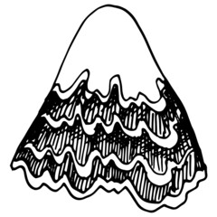vector isolated drawing of a mountain with a pattern of wavy lines and strokes. hand-drawn hills in the sketch style are black isolated by a line on a white background for the template design. black a
