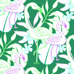 Tropical leaves, flamingo and flowers seamless pattern, bright print for textile, cloth, wallpaper, scrapbooking, wrapping. Vector background.