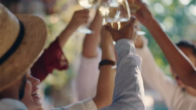 happy woman dancing with friends at summer dance party drinking wine making toast enjoying summertime social gathering having fun celebrating on sunny day 4k footage