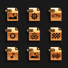 Set 3DS file document, GIF, WAV, PNG, MP3, RAW, PHP and JPG icon. Vector