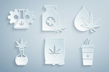 Set Marijuana or cannabis seeds, leaf oil, Test tube with marijuana, Cup coffee, Medical bottle and icon. Vector