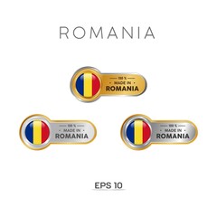 Made in Romania Label, Stamp, Badge, or Logo. With The National Flag of Romania. On platinum, gold, and silver colors. Premium and Luxury Emblem