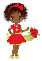 Beautiful Cute African American Girl Holding Basket of Red Poppies. Vector Black Girl with Poppies