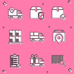 Set Delivery tracking, box security shield, Package with check mark, Cardboard boxes on pallet, truck, Location cardboard, Verification of delivery list and gift icon. Vector