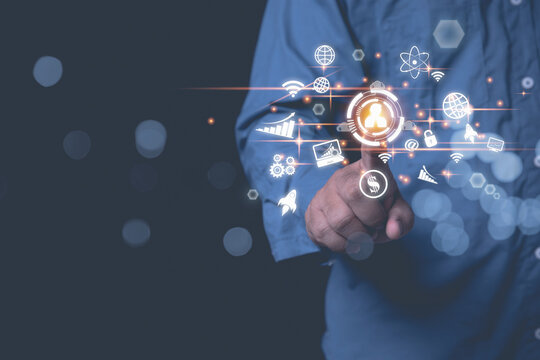 Businessman using finger touch on-screen with symbol businessman with icon business, technology for big data process strategy marketing online. Technology, business, internet online concept.