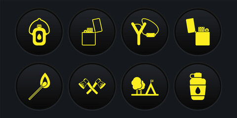 Set Burning match with fire, Lighter, Crossed wooden axe, Tourist tent flag, Slingshot, Canteen water bottle and icon. Vector
