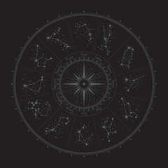 Vector mystical zodiac circle with constellations and stars, surrounded ornate frame. Set of twelve star systems with titles. Retro illustration with a magical sign on a black background - obrazy, fototapety, plakaty