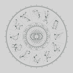 Vector isolated mystical zodiac circle with constellations, stars, sleeping sun and moons, surrounded ornate frame. Set of twelve star systems with titles. Retro illustration with a magical sign - obrazy, fototapety, plakaty