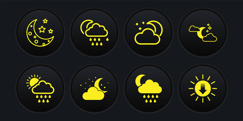 Set Cloud with rain and sun, moon stars, Sunset and Moon icon. Vector