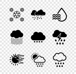 Set Snow, Cloud with snow, Water drop percentage, Fog and sun, and rain icon. Vector