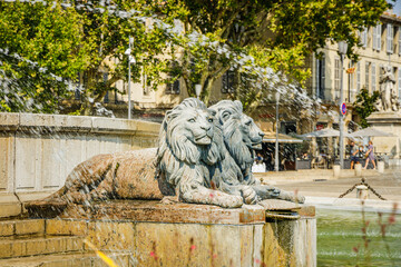 Focus on one of the groups of two lions that surround the basin of the Fontaine de la Rotonde in...