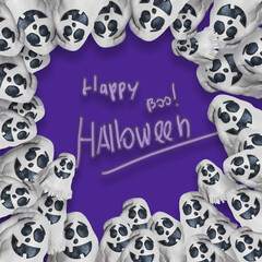 plasticine 3d frame for halloween. plasticine, white ghosts ,place for text, purple background