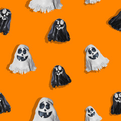 plasticine 3d illustration of Halloween. black and white ghosts with silhouettes on the orange background ,seamless pattern