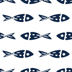 A pattern of stylized fish of dark blue color. Seamless pattern of sea fish drawn in cartoon style with patterns of dots and lines without a contour on a white background for a vector design template