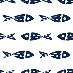 Foto op Plexiglas Zee Een patroon van gestileerde vissen van donkerblauwe kleur. Naadloze patroon van zeevis getekend in cartoon stijl met patronen van stippen en lijnen zonder een contour op een witte achtergrond voor een vector ontwerpsjabloon