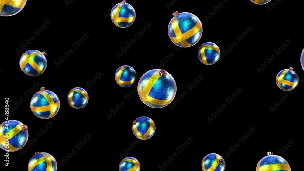Poster realistic looping 3d animation of the falling sweden national flag christmas balls rendered in uhd w