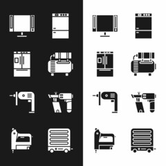 Set Air compressor, Refrigerator, Smart Tv, Electric drill machine and Nail gun icon. Vector