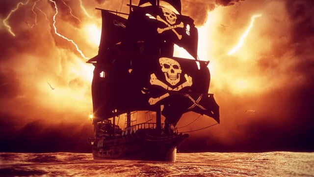 3D Jolly Roger Pirate Galleon in the middle of A Rough Sea - Loop Landscape Background