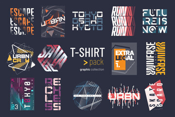 Collection of fourteen colorful vector t-shirt graphic designs, prints, illustrations © rikkyal