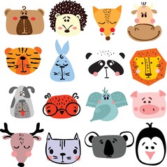 Vector set of cards with cute animal faces for kid's interiors, banners and posters.