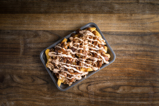 Buffalo cheese fries with sauces