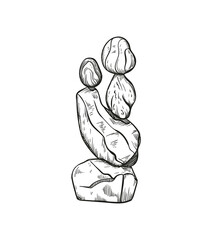 Rock Balancing vector illustration. Stone Stacking Art, sketch style print. Cairn stones. Balancing and stack rocks emblem.
