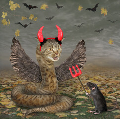 A beige cat snake with wings in red horns is near a black rat with a devil trident in the forest...